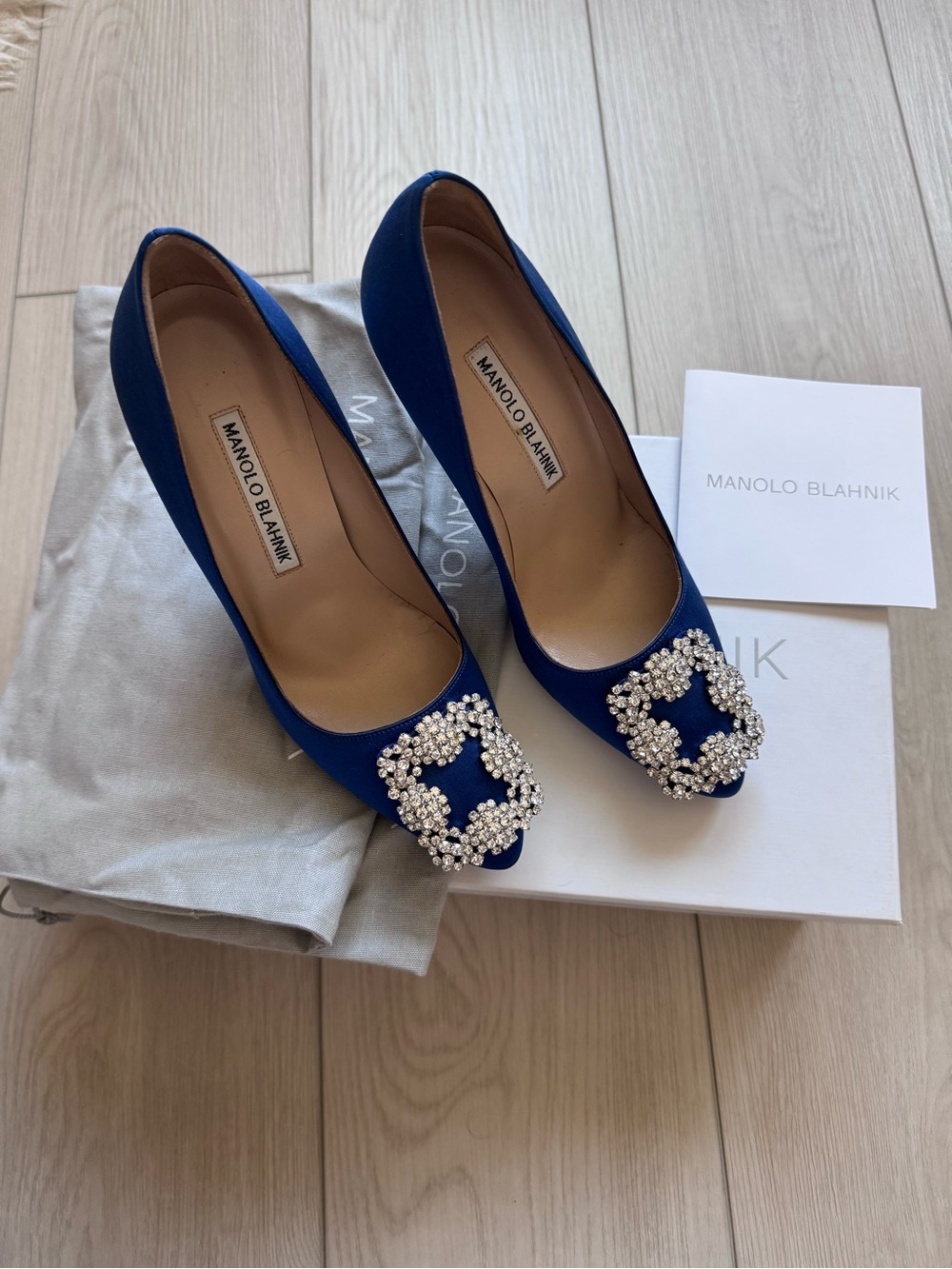 Manolo Blahnik Royal Blue Satin Pumps with Crystal Buckle